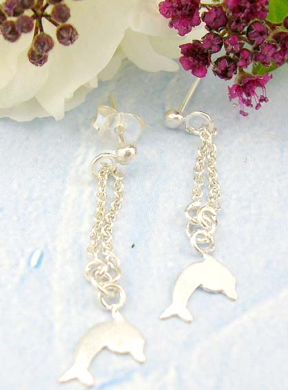 Shopping discount mall online discount custom jewelry of sterling silver stud earrings with mini chain loop holding a dolphin  