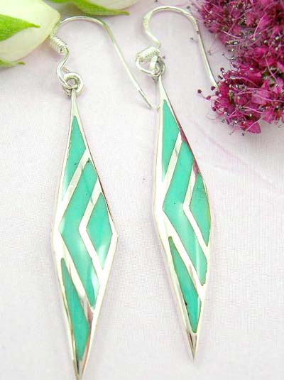 Shopping custom jewelry sterling silver earring with fish hook and long diamand shape with green turquoise          