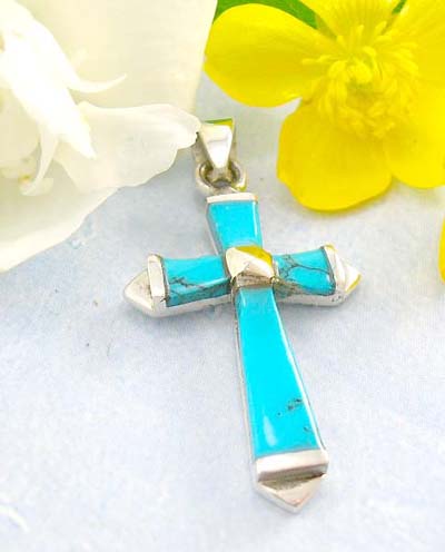 Online religious catalog sterling silver cross pendant with turquoise  