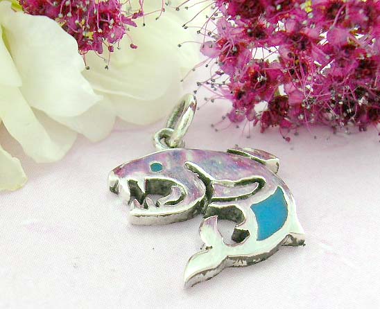 Body building jewelry shopping sterling silver pendant shark with turquoise          